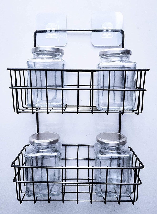 HaRvic 2 Layer Metal Wall Hanging Kitchen Storage Rack Magic Sticker Shower Rack Home Decor Shelf Bathroom Home Kitchen Spice Jar Bottle Storage Rack (Black) - Image 3
